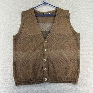 Vintage Megalos Cardigan Sweater Vest Mens XL Tall Brown Geometric Knit Grandpa